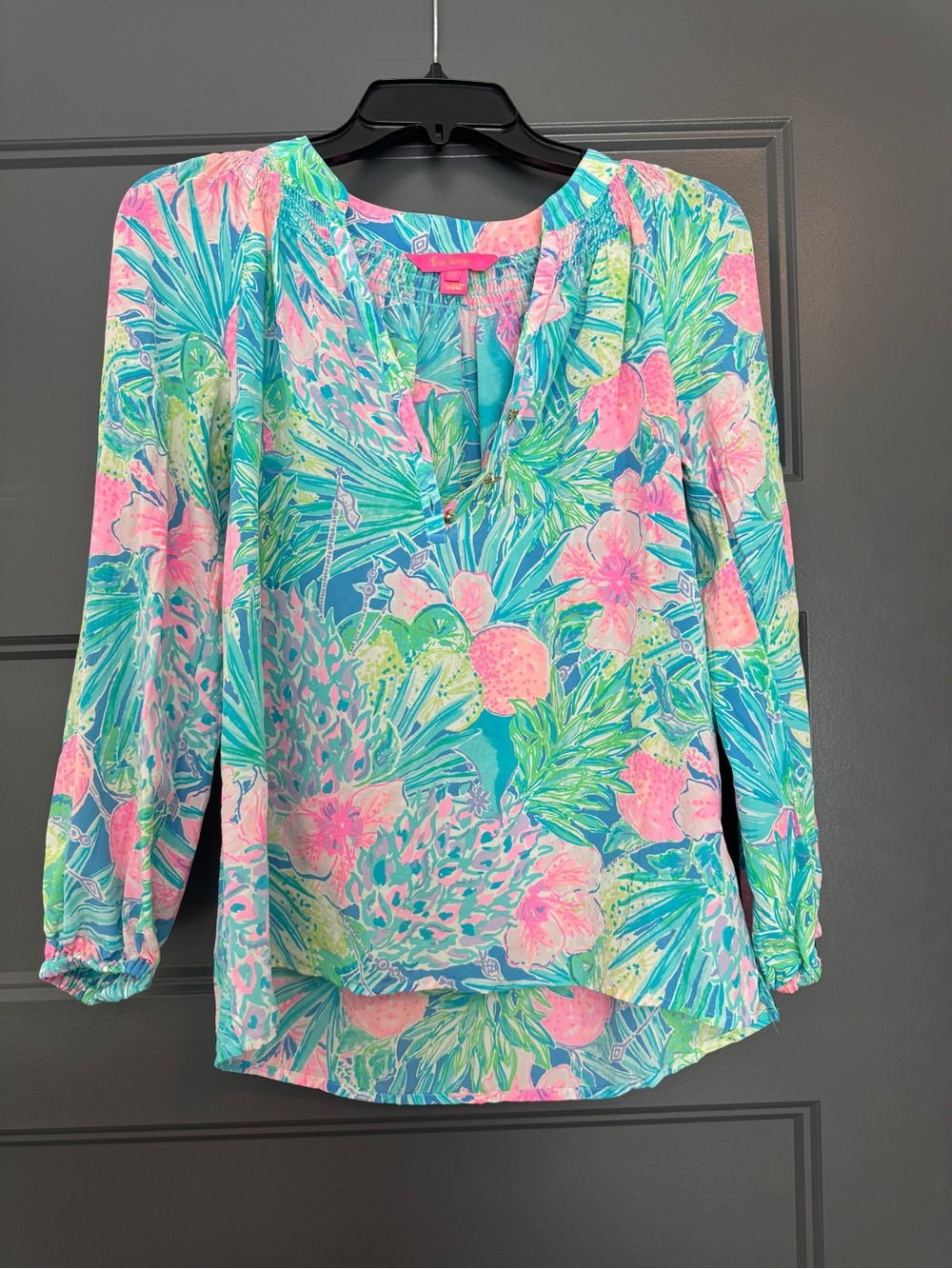 Lilly Pulitzer Tropical Floral Peasant Blouse in Pink & Teal